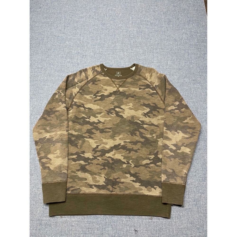 George Mens Camo Sweatshirt Medium Green Brown Camouflage Raglan Crewneck Cotton
